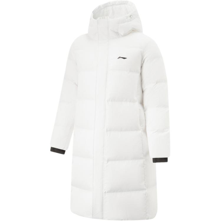 Li Ning Fitness Series Letter Zipper Hooded Versatile Long Down Jacket Men Outerwear Standard-White AYMU567-3