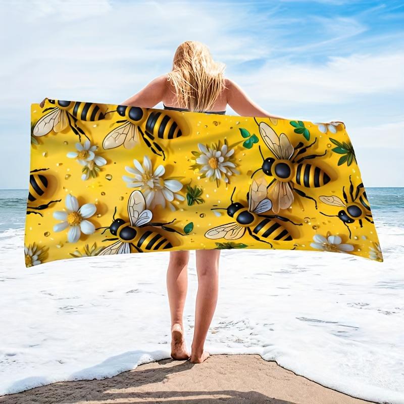 1PC Daisy Print Bee Theme Beach Towel, Summer Essential for Beach Pool Camping Yoga Travel