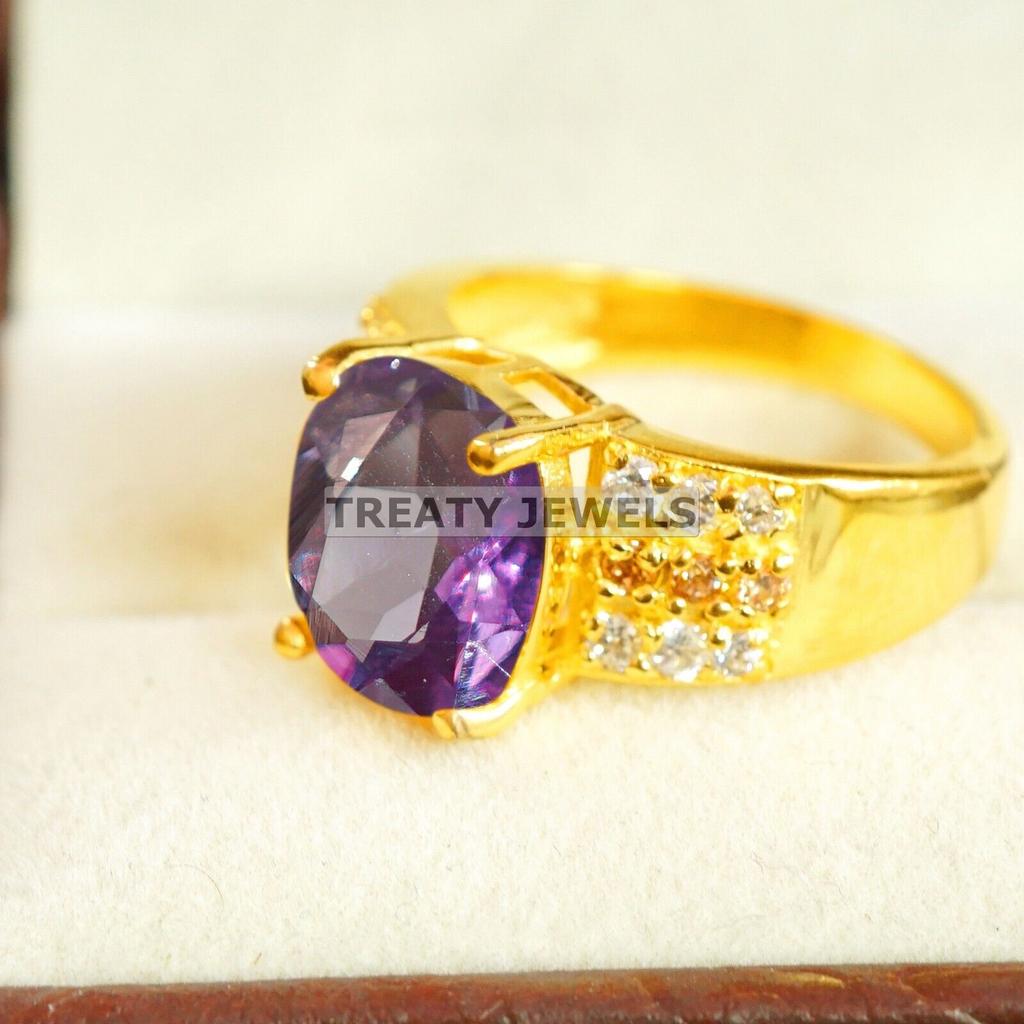 Alexandrite Oval Cut With 925 Sterling Silver Gold Plated Ring For Men's #A618 JL375656834349