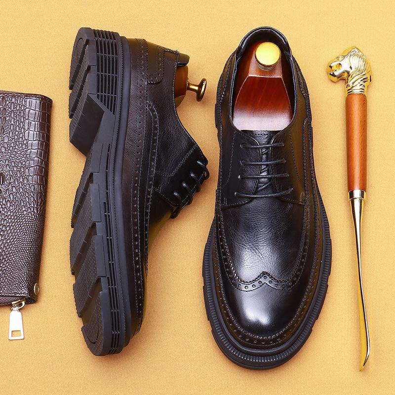 Business Casual Leather Shoes Men'S Genuine Leather Soft Leather Platform British Brock Engraved Men'S Shoes