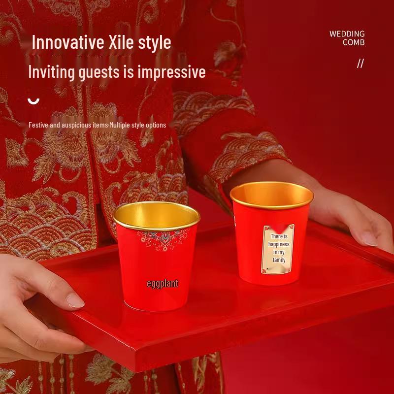 Red and Gold Foil Wedding Anniversary Disposable Cups - Thickened Engagement Tea or Water Cups