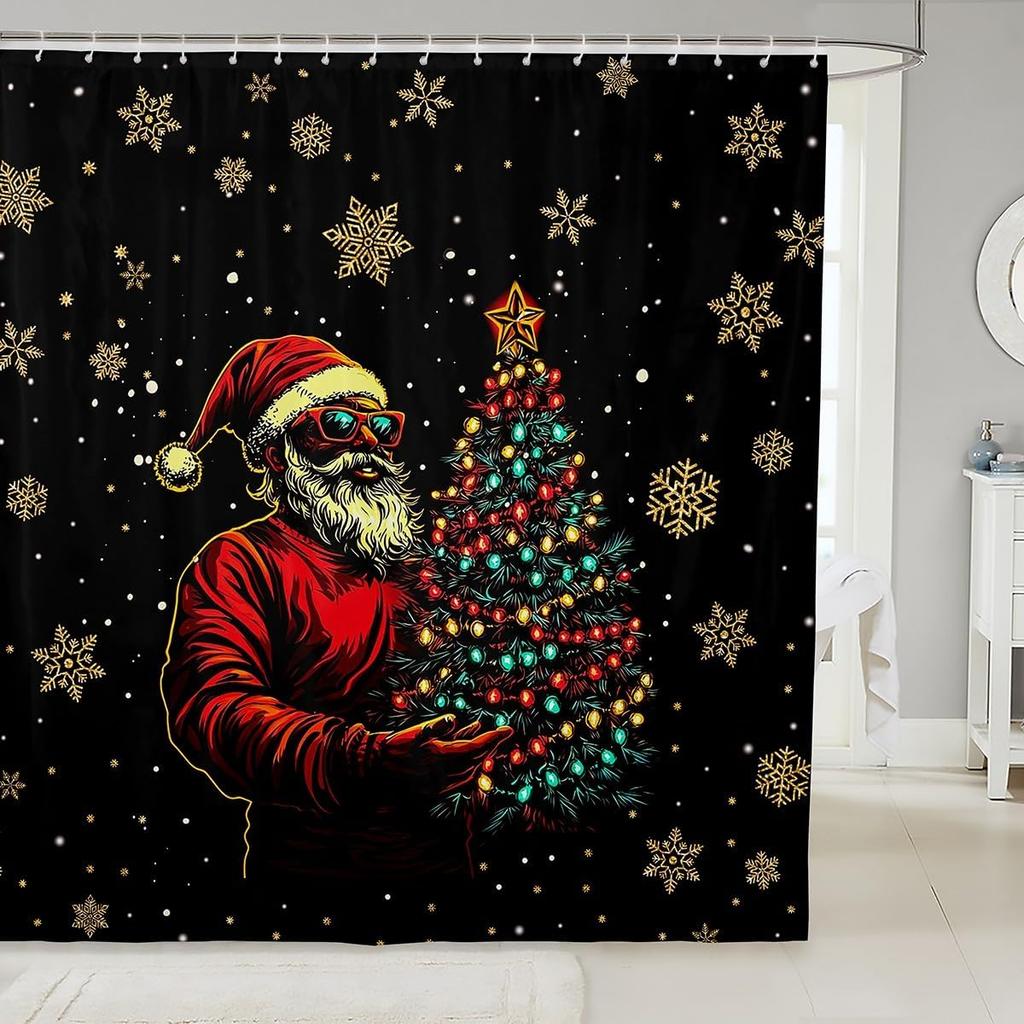 Christmas Cat Shower Curtain Cute Pet Cat Animal Bathroom Shower Curtain Sets, Xmas Decor Christmas Hat Fabric Shower Curtain