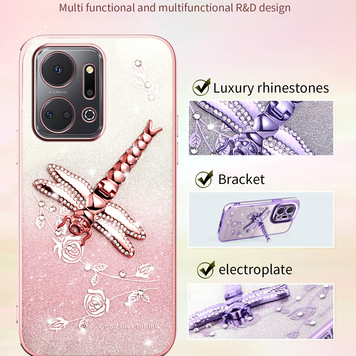 

KADEM For Honor X7a 4G Case Dragonfly Kickstand TPU Flowers Glitter Phone Cover Purple