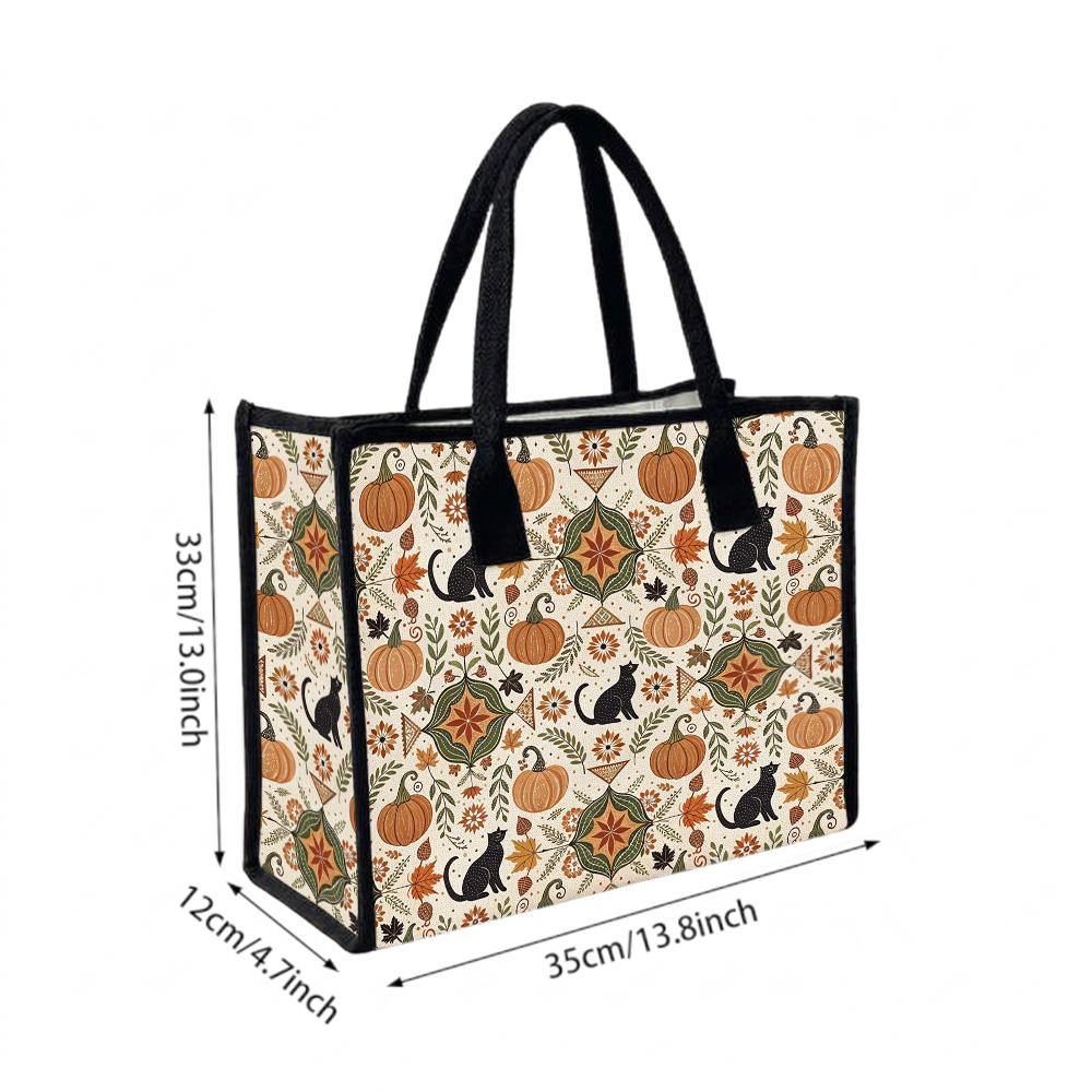 Autumn Cat Pumpkin Print Tote Bag Casual Large Capacity Handbag for Daily Use
