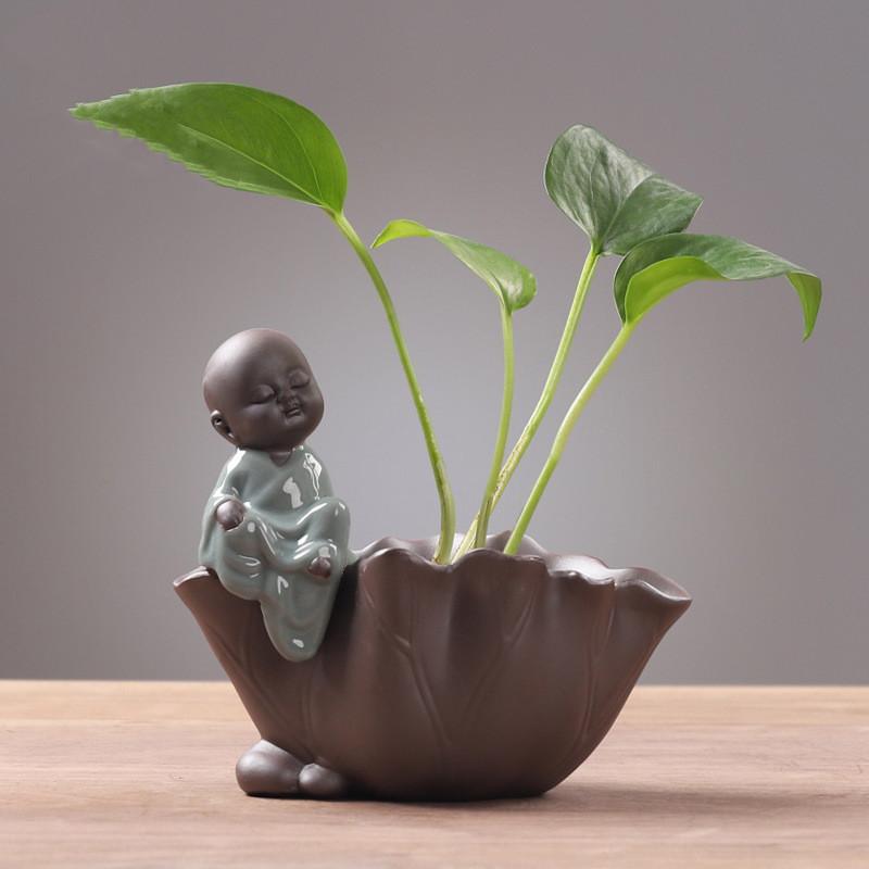 DXUIALOI Neu Chinesisch Kreativ Hydrokultur Pflanzen Chrysantheme Kupfer Geld Blumentopf Vase Zen Keramik Handwerk Heimdekoration