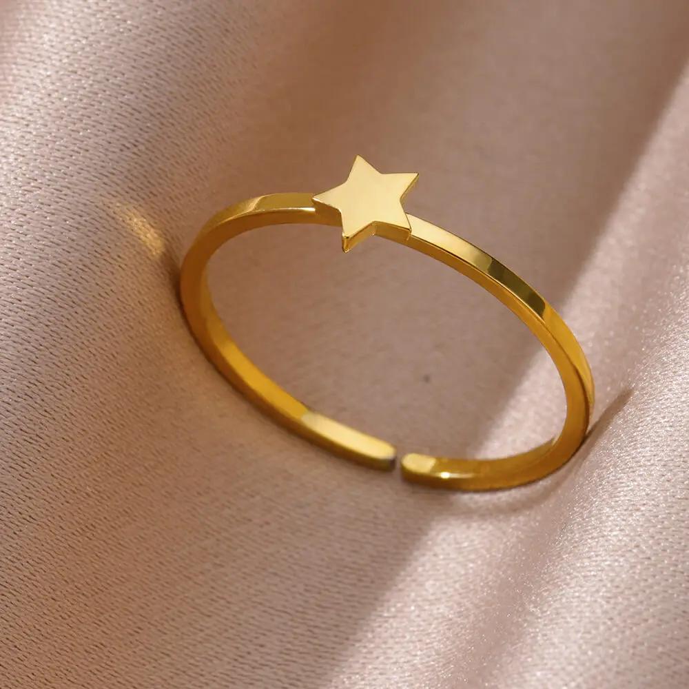 Gold Color Stainless Steel Shell Rings For Women Vintage Oval Blue Stone Adjustable Ring Fashion Party Jewelry Anniversary Gift