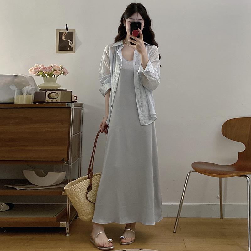 2026 Spring/Summer Women s Maternity Two-Piece: Stylish Long-Sleeve Shirt & Loose Camisole Dress XL