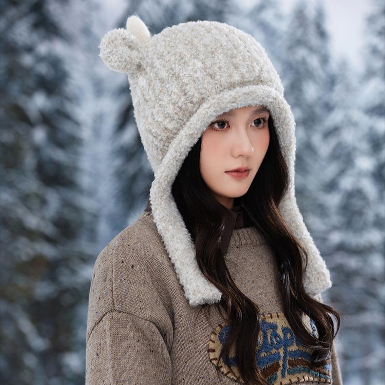 Women's Plush Antler Plush Hat Autumn and Winter Outdoor Cold Warm Hat Windproof Warm Slouchy Hat