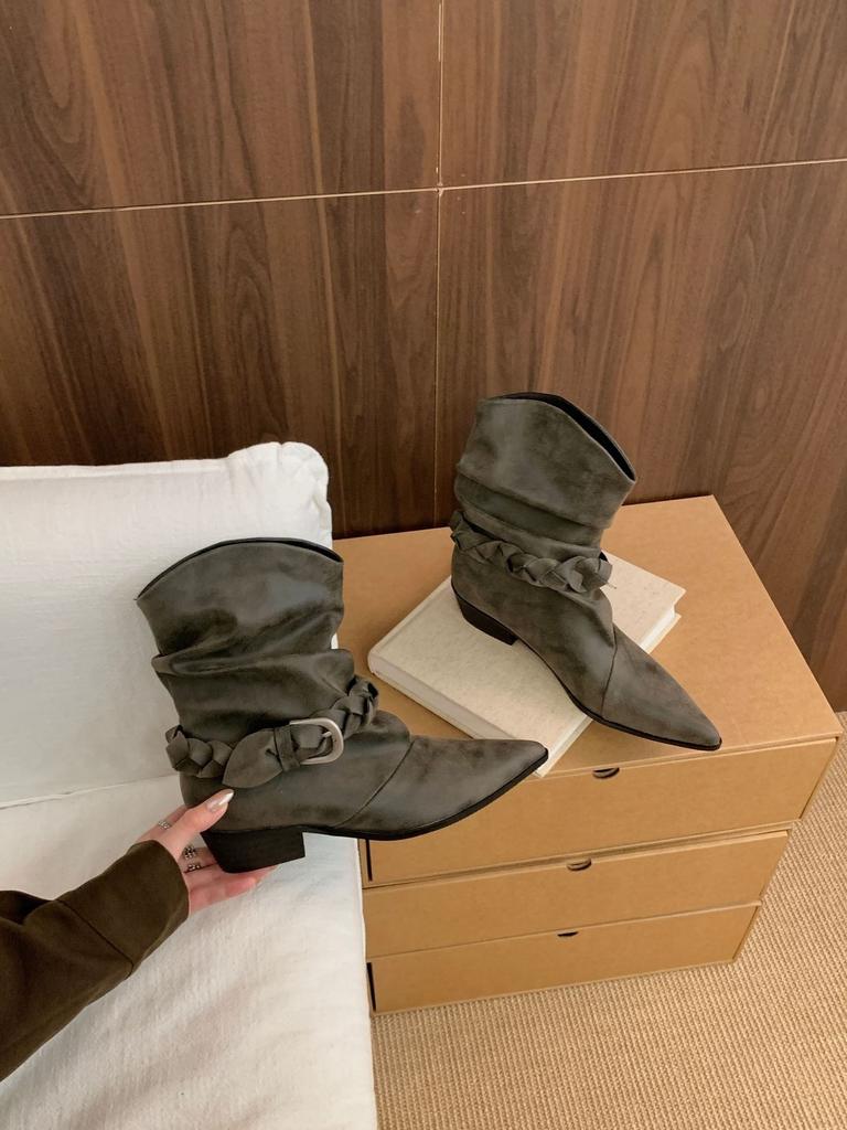 New pleated pile boots thick heel autumn and winter French retro pointed western cowboy short boots Martin boots women