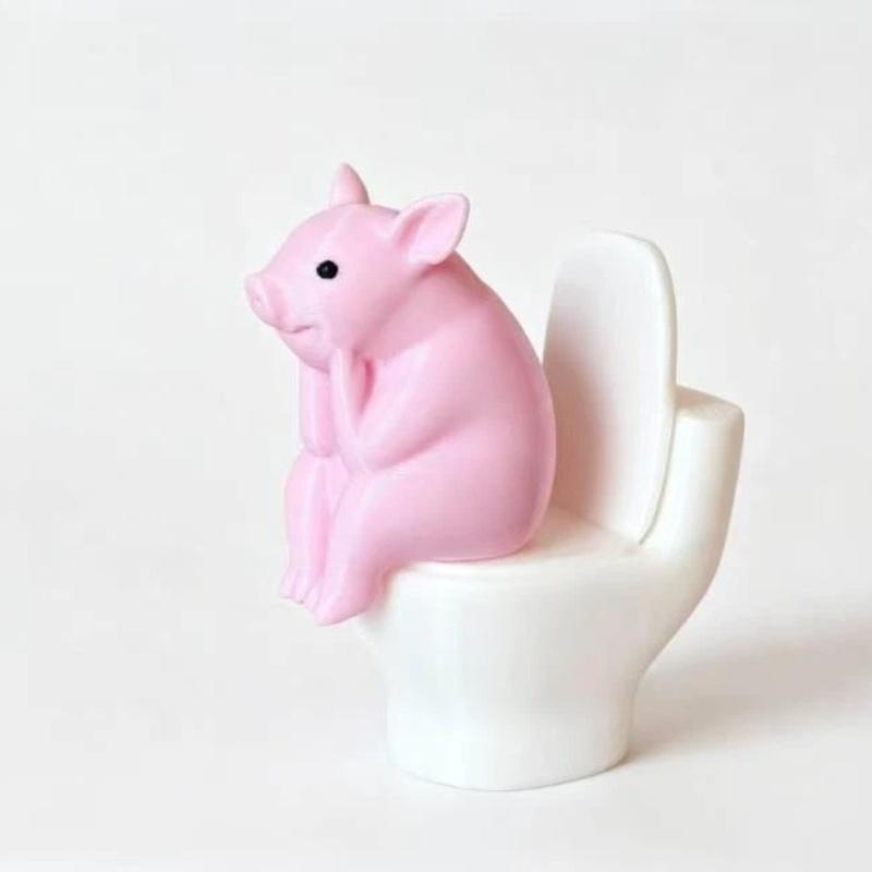 Cute Resin Pink Pig Sitting On Toilet Figurine Adorable Funny Design For Bathroom Bedroom Desktop Home Decor Gift For Pig Lovers