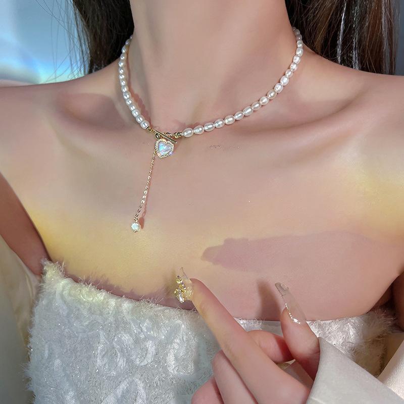 Beating heart ~ freshwater pearl love simple tassel necklace women's light luxury temperament niche high-end collarbone chain
