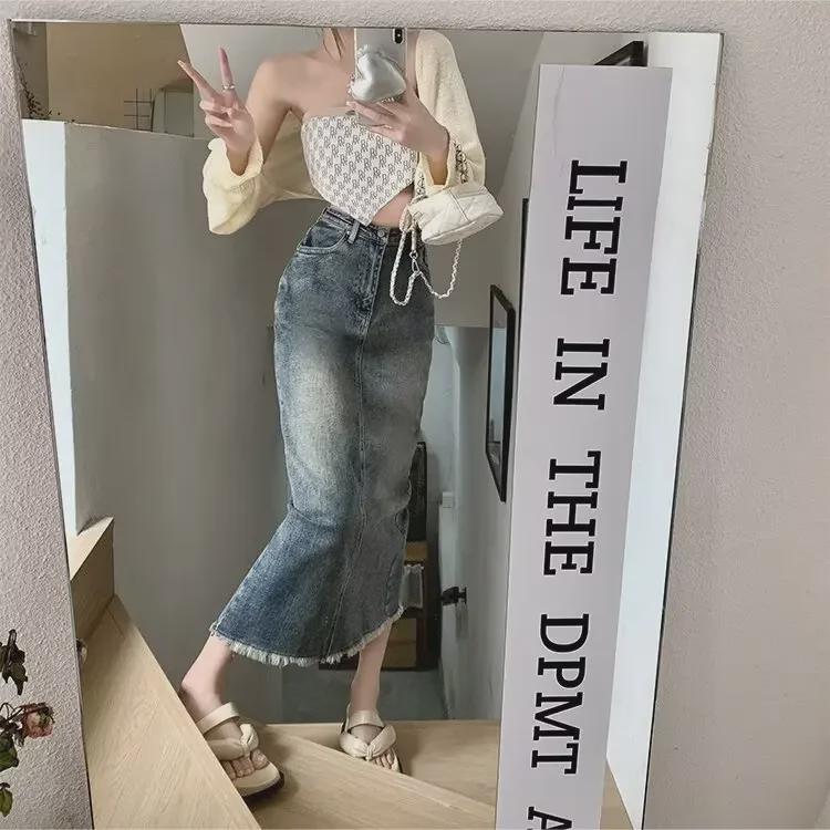 Women's Elastic Denim Retro Slit Skirt - High Waist, Slim, Straight, Medium Length, Autumn Style
