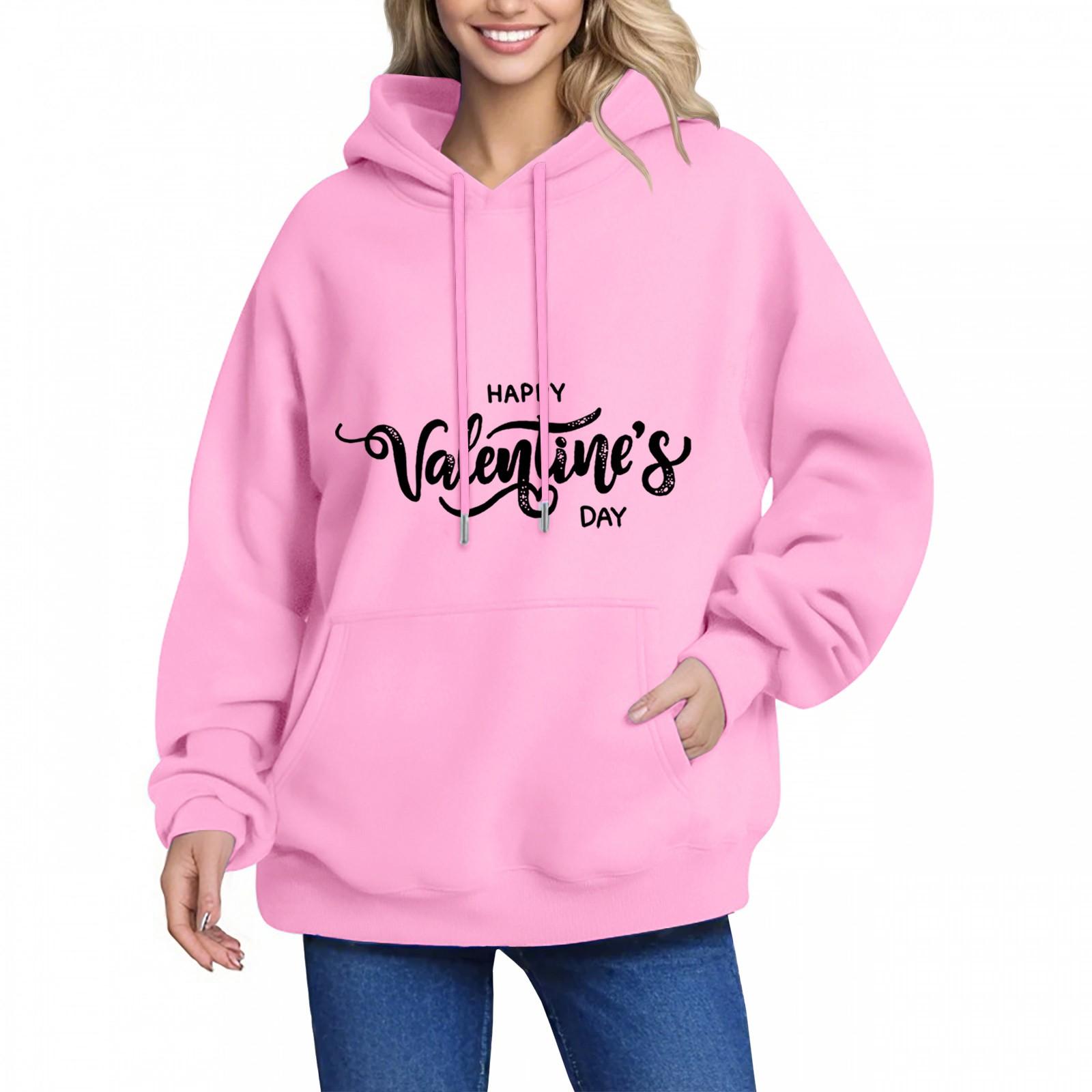 

С ДНЕМ ВАЛЕНТИНА Женская толстовка с капюшоном с надписью «Маленький принт» с длинным рукавом и карманом Свободный пуловер Толстовка Топ S розовый