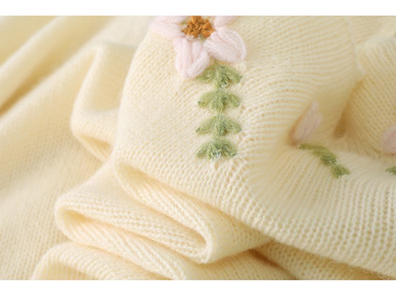Blue Off-Shoulder 3D Flower Wool Sweater for Women