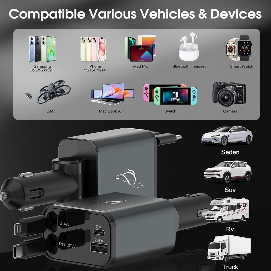 Retractable 70W 4 in 1 Car Charger with Retractable Cord, Fast Car Phone Charger Adapter Compatible with iPhone 16/15/14/13/12/11, Pixel, Samsung