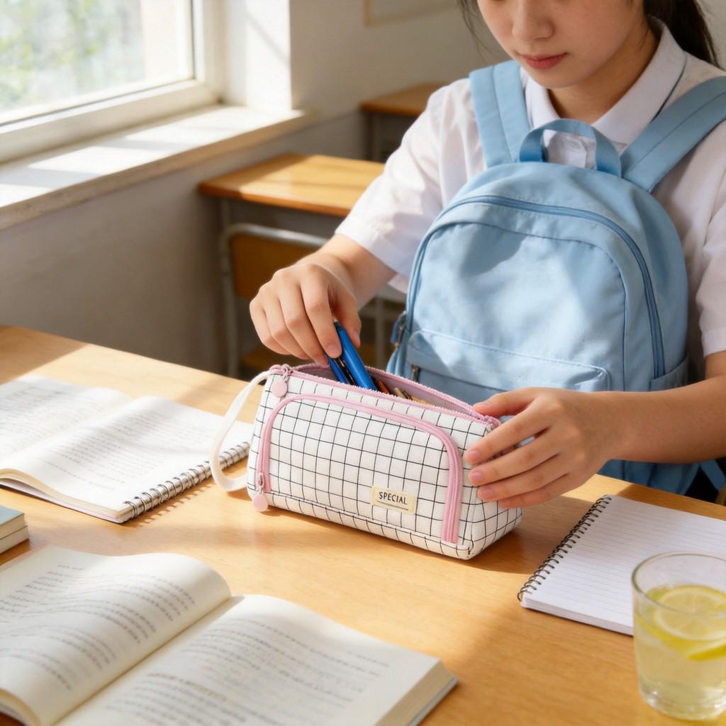 Modern Canvas Pencil Bag With Large Capacity And Grid Design For School Supplies