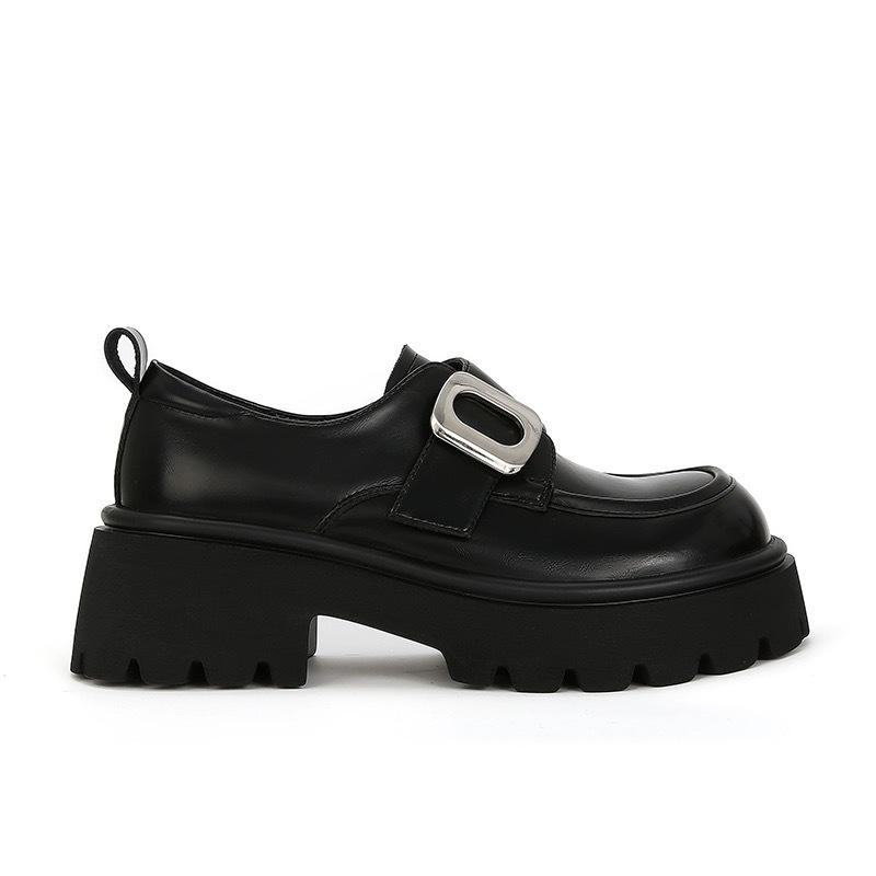 Cowhide version~ Su Yinyin's same round head retro buckle muffin thick sole heightening loafers single shoes women's small leather shoes