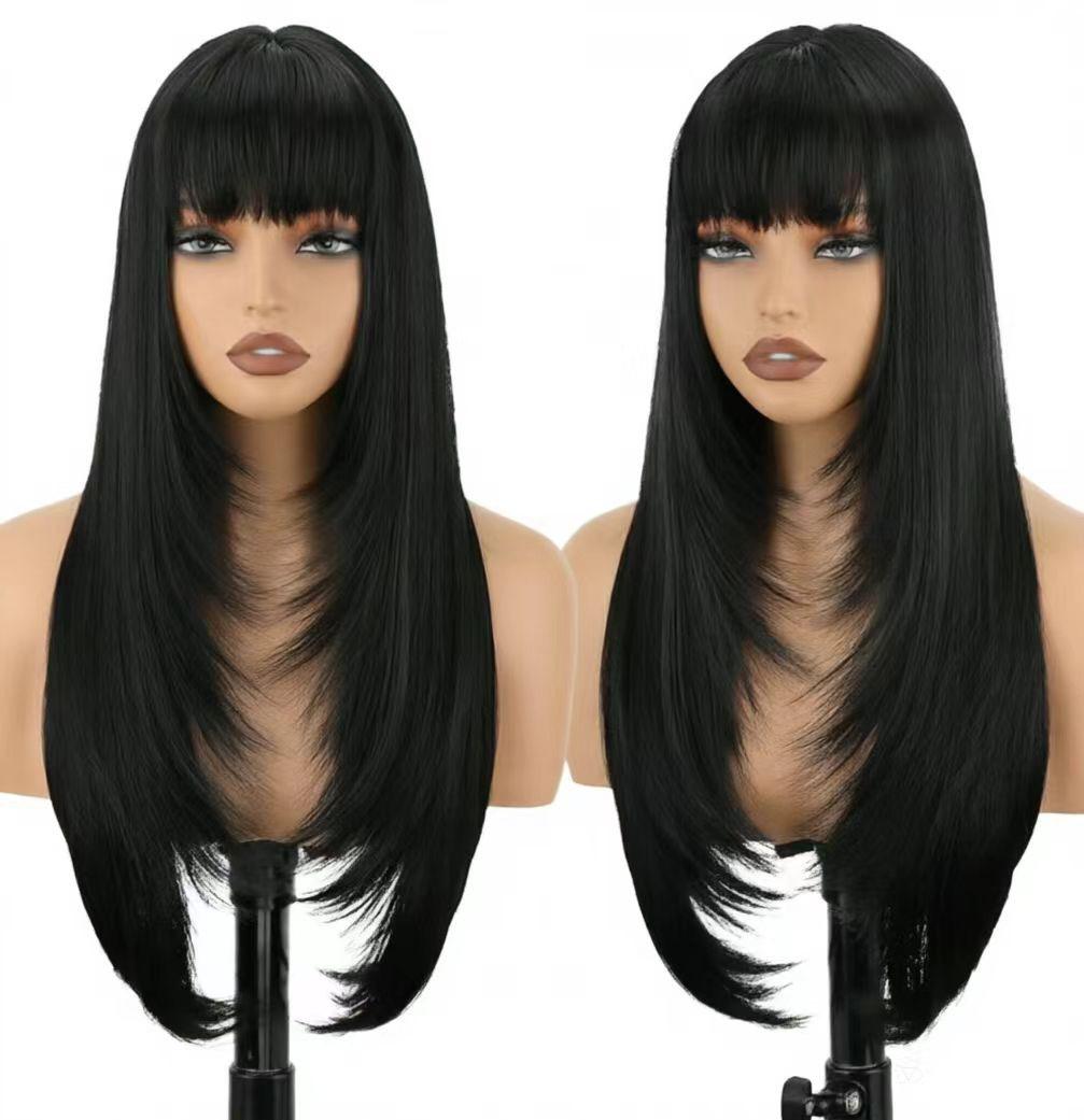 Brown Gradient Bangs Natural Curly Long Straight Hair Wigs Brazilian and Vietnamese Styles for Black Women Factory (Black,26 Inches)
