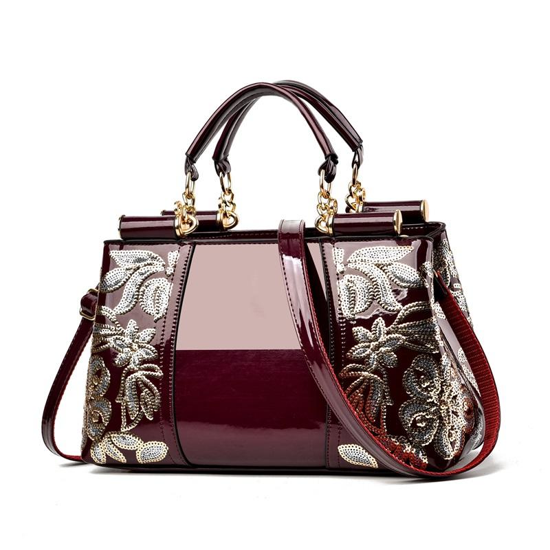 Women's Patent Leather Bright Bread Elegant Mature Embroidered Handbag Large-capacity Women's One-shoulder Messenger Bag