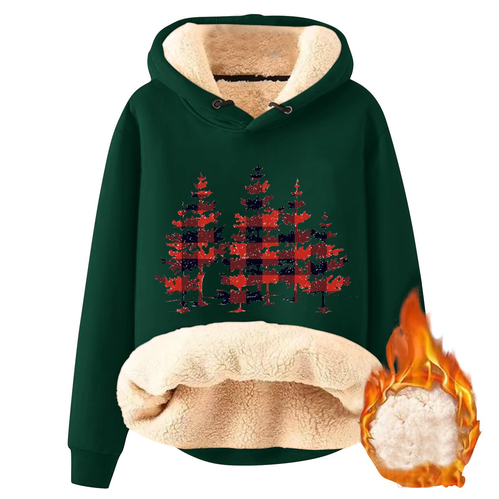 

Women s Fashion Hooded Christmas Print Plush Thickened Warm Loose Pullover Sweater