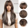 HAIRCUBE Long Brown Blue Highlight Wavy Synthetic Wig Natural Hair Wig for Women Daily Heat Resistant Fake Hair With Bangs