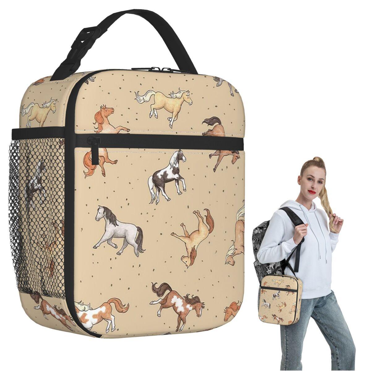 Verstreute Pferde Fleckig auf Taupe Isolierte Lunchtasche für Damen Kinder Auslaufsichere Lebensmittelboxen Thermische Lunchbox Tragetasche One Size beige