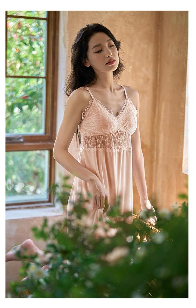 French Court-Style Long Sleeve Camisole Sleep Dress with Bra Pads - Two-Piece Fairy Home Wear Set