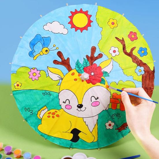 Weißer Papierregenschirm mit Pinselpigment DIY Malregenschirm Dekor Handgefertigt Chinesischer Geölter Papierregenschirm mit Holzgriff