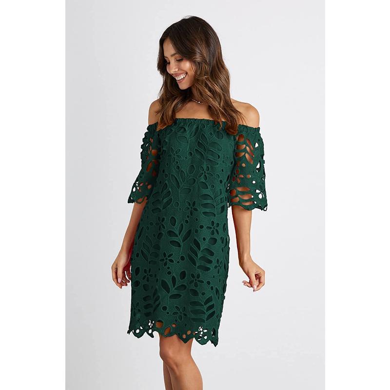 Mini Abito Estivo da Donna Scollo Bardot con Pizzo Floreale a Occhiolino Scollato Manica Corta Casual per Spiaggia Vacanza Festa