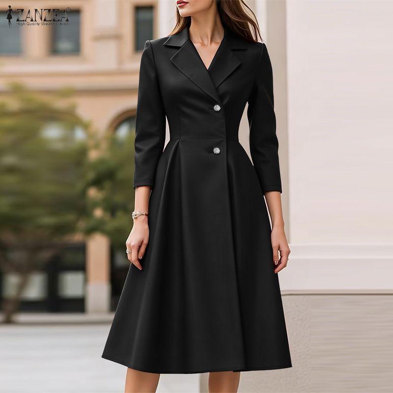 ZANZEA Women Casual Turn Down Collar 3/4 Sleeve Elegant Dress