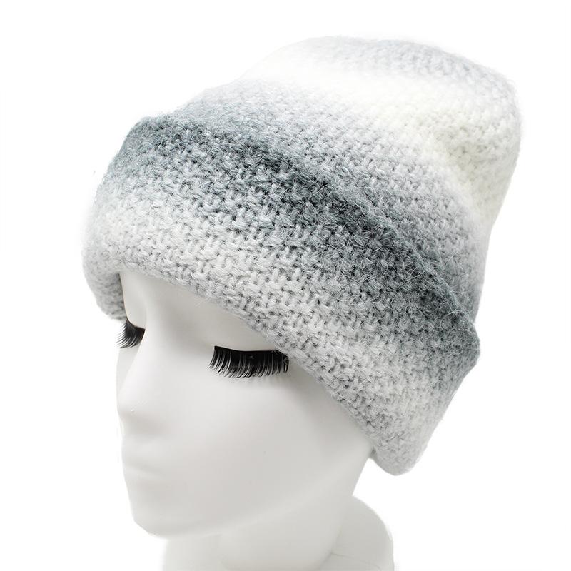 Tie-Dye Gradual Change Color Rabbit Hair Wool Hat Women'S Warm Rainbow Knitted Hat Ear Protector Pullover Hat