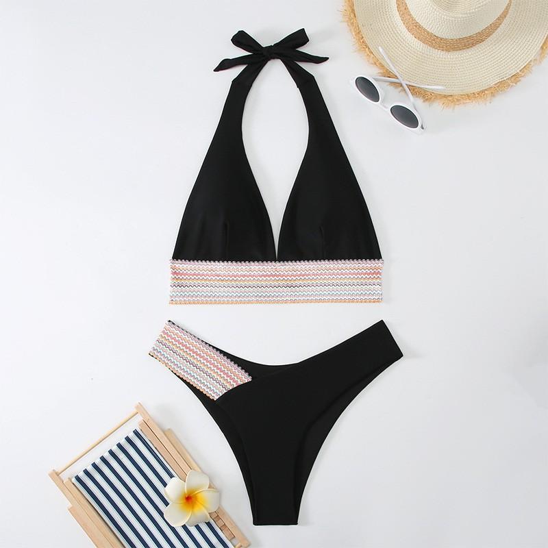 Pure Color Split Swimsuit Women Sexy Tight Bikini High Waist Neck Gathered L