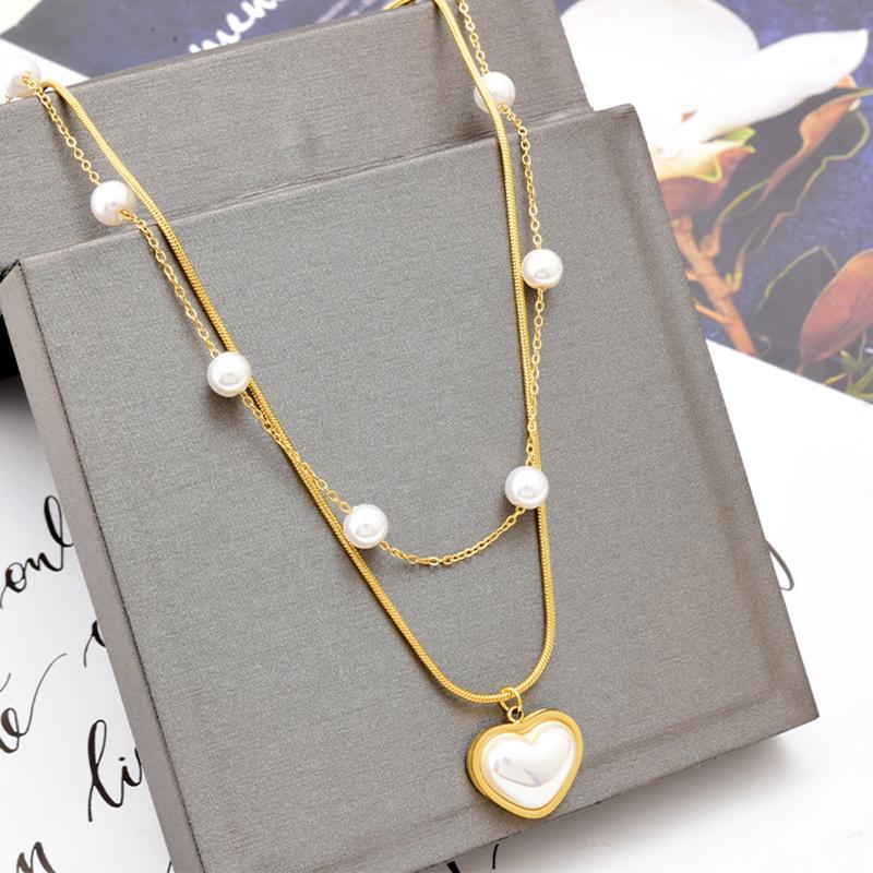 Stainless Steel New Romantic 2 Layer Pearl Heart Pendant Necklace For Women Girl Gift Trend Chain Fashion Jewelry Party