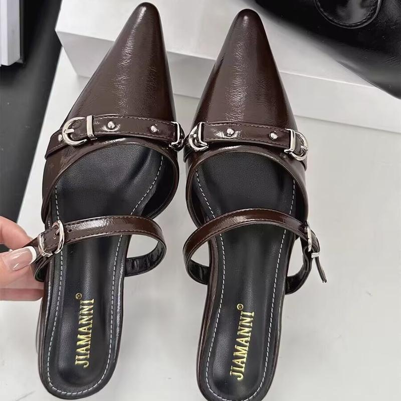 New Summer Elegant Pointed Toe Outside Beach Mid-heeled Slippers Fashionable Comfortable Casual Buckle Work Slippers for Women