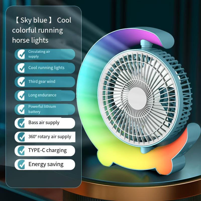 

Electric Fan, Desktop Cycle Quiet Low Noise Bright Atmosphere Light USB Charging Big Wind Running Lamp Fan Colorful Electric Fan зелёный