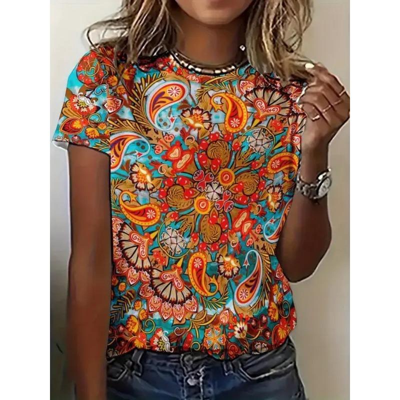 Women's Summer Casual Versatile Design 3D Printed Round Neck Short Sleeved T-shirt