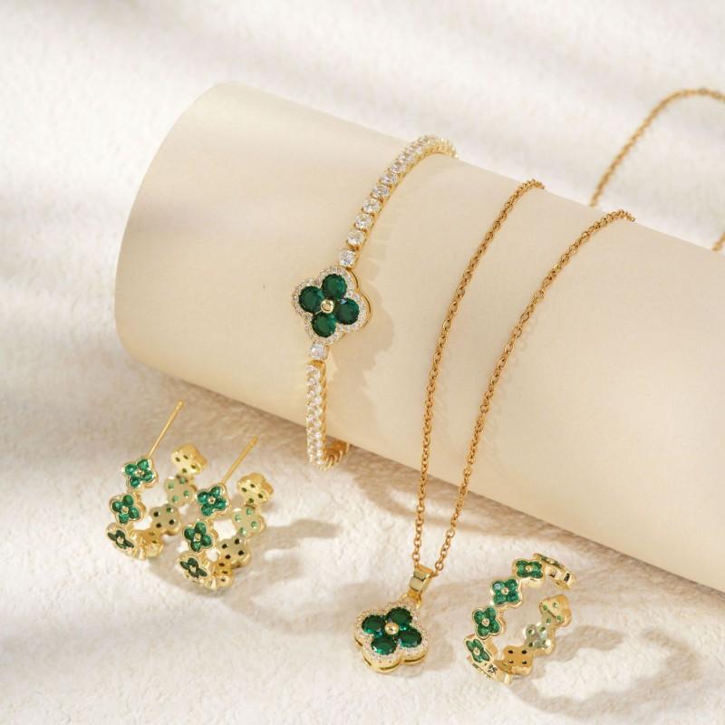 Elegant Floral Clover Jewelry Set Women Earrings Necklace Bracelet Ring In Chic Style Copper Plated