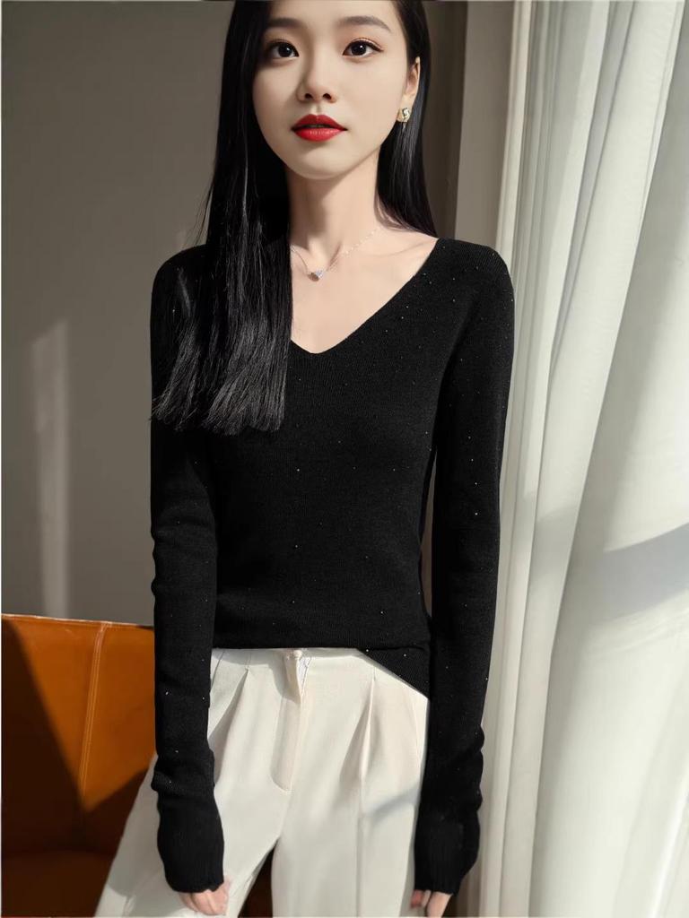 Korean Sparkly Knit V-Neck Sweater: Slim Fit, Waist-Cinched Design for Autumn/Winter