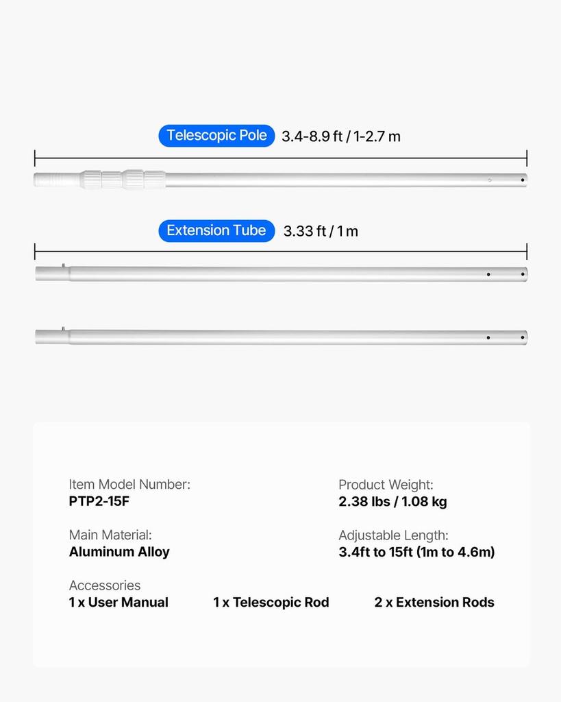 Pool Pole, 1 to 4.6 mm Telescoping Swimming Pool Cleaning Poles, Professional Adjustable Telescopic Pole with 2 Extension Poles, Heavy Duty Cleaner