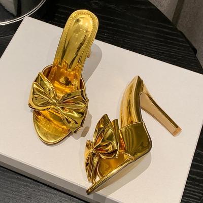 Fashion Eilyken Fashion Gold Silver Pointed Toe Women Slippers Sexy Design Butterfly-knot Thin High Heels Stripper Slides Shoes