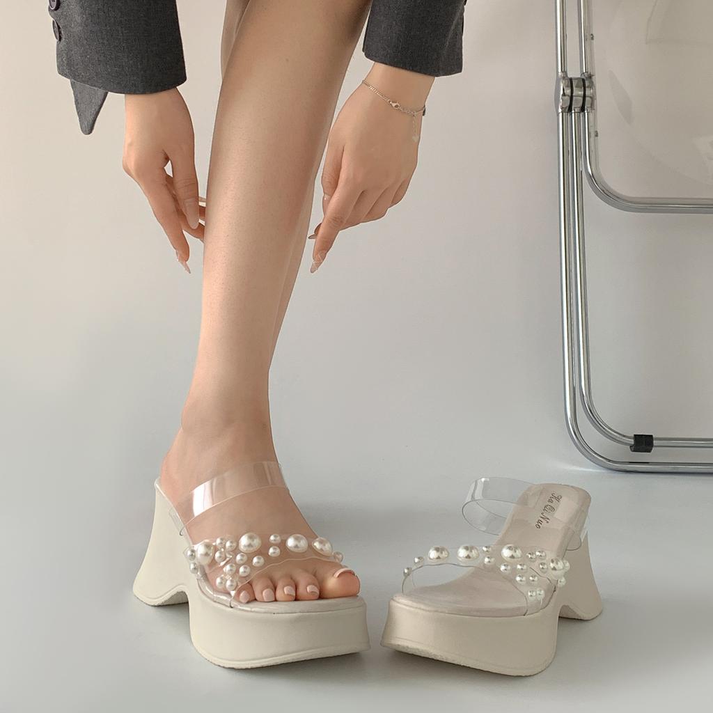 Black High-end Thick-bottomed Wedge One-word Slippers for Women's Summer Wear 2025 New Models with Skirts To Increase the Height of French Sandals