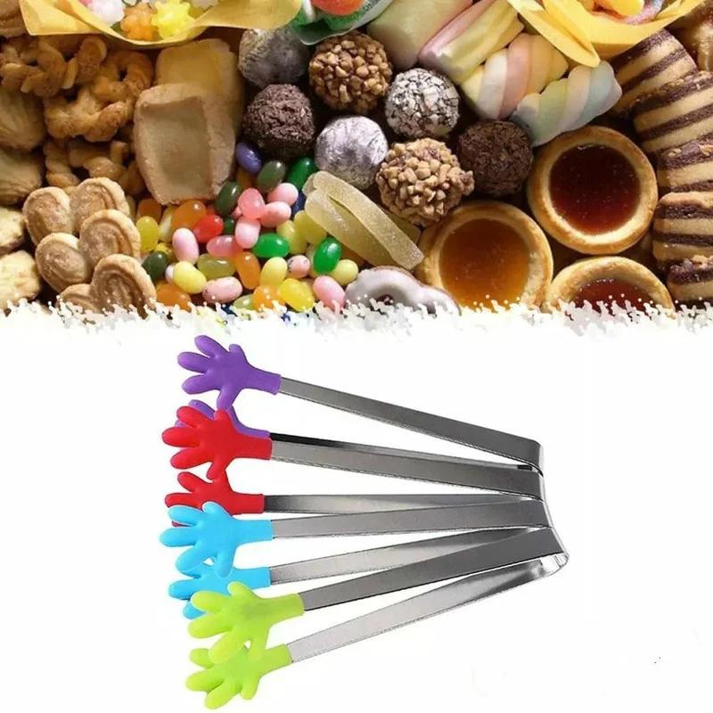 1PC Creative Small Hand Shape Silicone Food Tongs Ice Candy Kitchen Supplies Stainless Steel Non-slip Mini Utensil Random