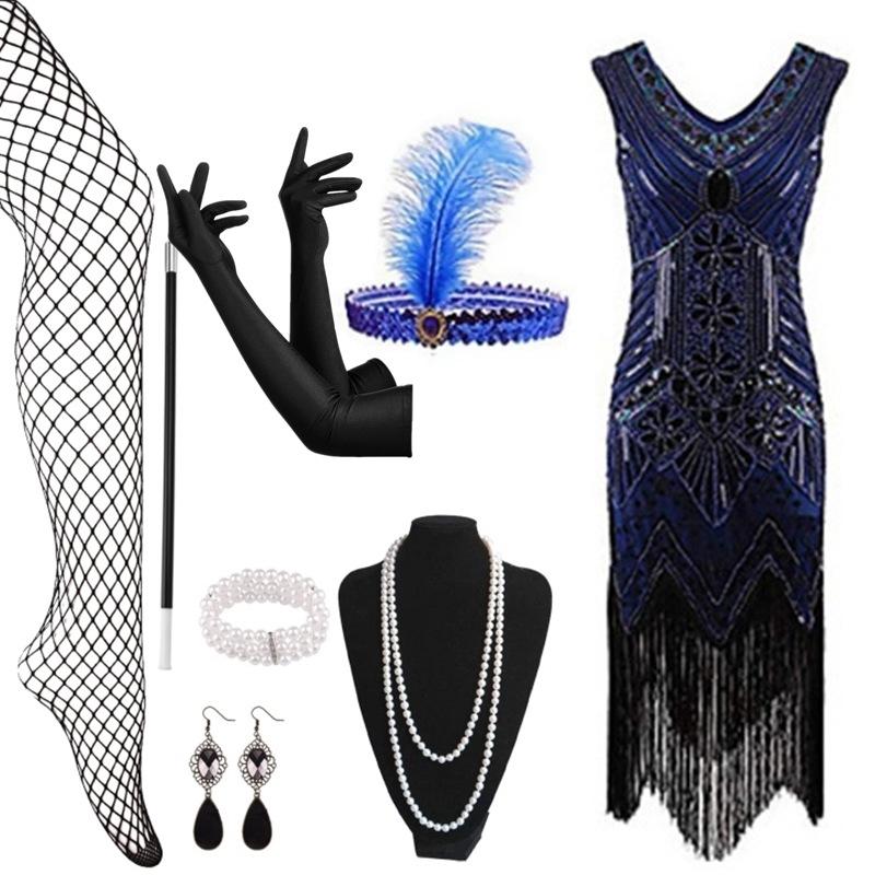 Hot Sale Vintage Sequins Tassel Dress Prom Evening Dress Accessories Set
