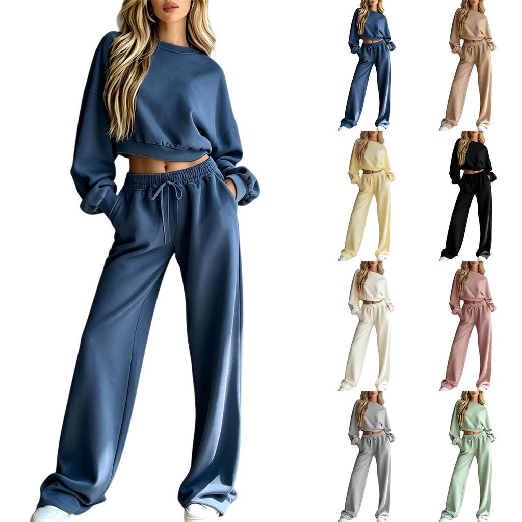Women's Casual 2 Piece Outfit Set with Cropped Long Sleeve Sweatshirt and Wide Leg Pants