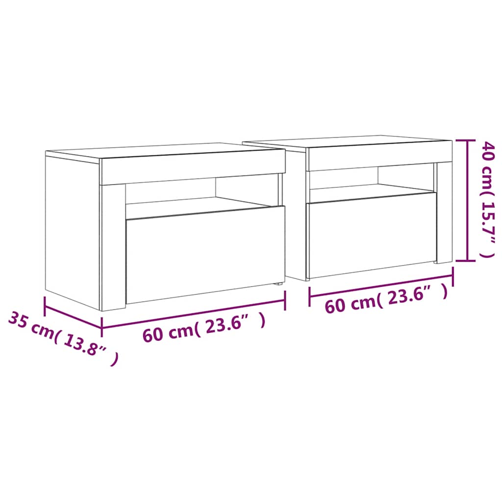 Nightstands 2 pcs with LED lights white 60 x 35 x 40 cm