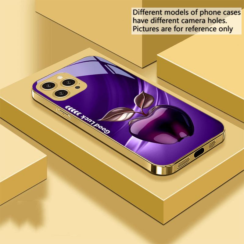 Simple Black Happy Apple For IPhone 16 Pro Max 15 P Ro 14 13 Plus 12 Mini 11Pro Max XS Max XR Golden Tempered Glass Phone Case