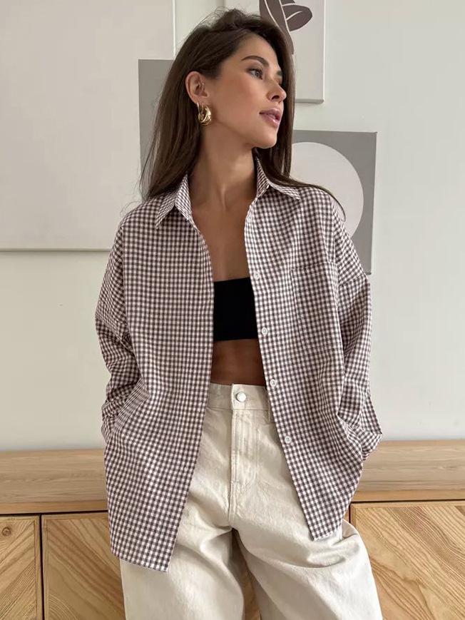 European American Plaid Cotton Women's Loose Fashion Shirt - Autumn/Winter 2024 Trend