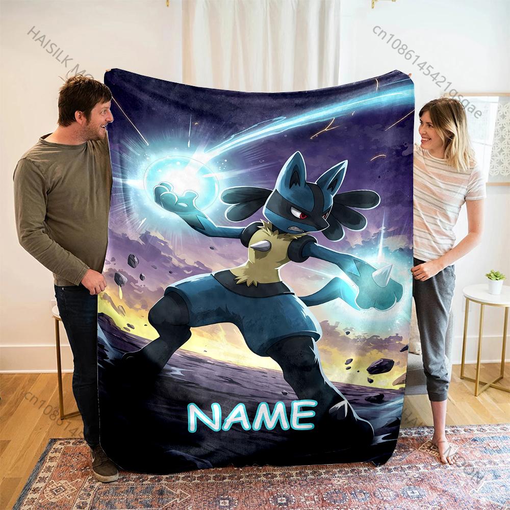 Custom Name Pokemon Lucario Print Blanket for Home Sofa Travel Office Break Blanket Children Student Kids Luxury Gifts