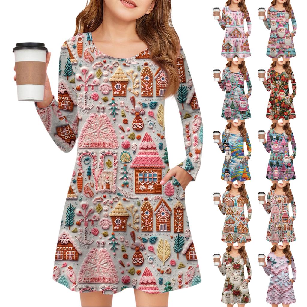 Christmas Day Girls' Long Sleeve Dress - Color Pocket Dress