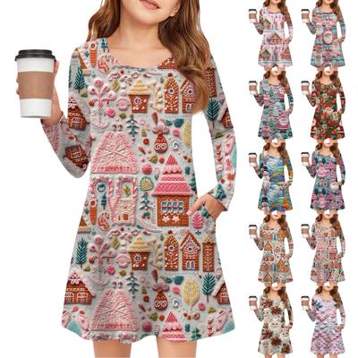 Christmas Day Girls' Long Sleeve Dress - Color Pocket Dress